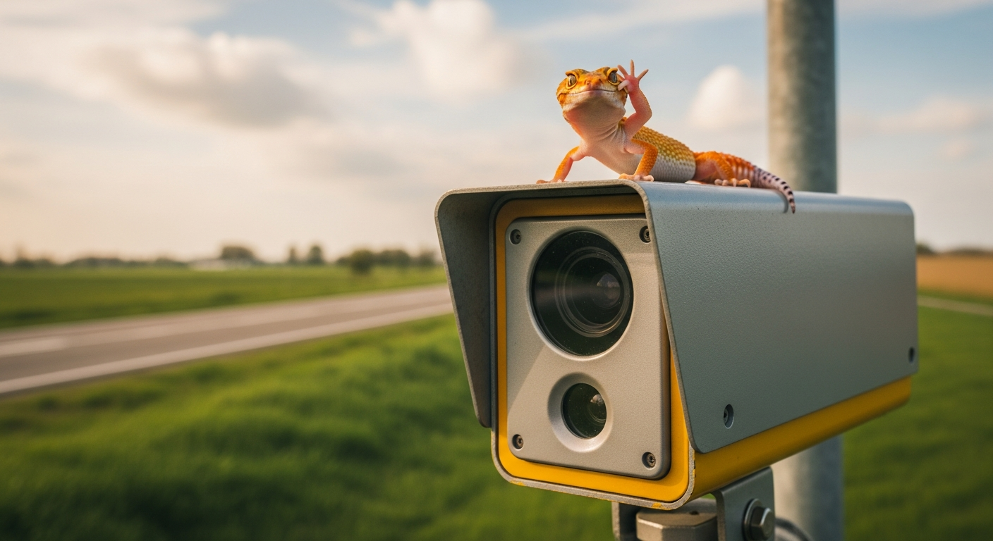 Gecko-mascotte gluurt over een flitspaal